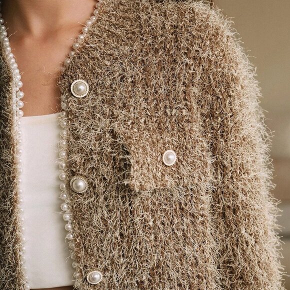 Brown Casual Women's Round Neck Pearl Chain Decoration Fuzzy Knit Cardigan - Picture 7 of 7